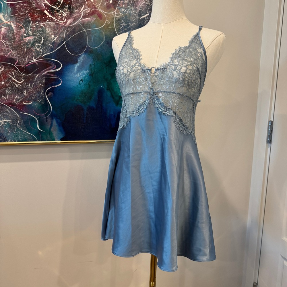 Victoria's Secret Blue Satin Lace Rhinestone Back Slip Dress Lingerie Sz Medium